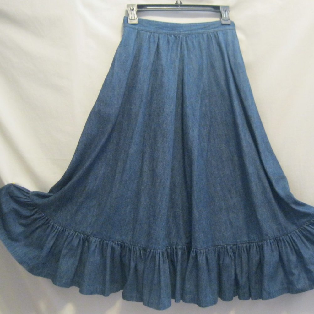 Vintage 80s Preppy DENIM Prairie Skirt Liz Claiborne Cottagecore SM